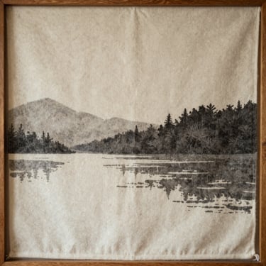 Thick wool fiber art banner, cream and charcoal abstract landscape design, wooden frame