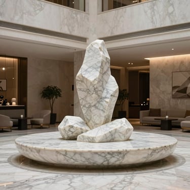 Wide shot of a luxury hotel lobby featuring a curated sculpted marble installation, soft diffused architectural lighting, elegant minimalist furniture in the background, medium format.