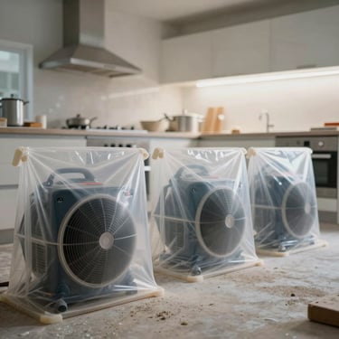 Immaculate dust-isolated kitchen renovation job site, plastic barriers sealed, HEPA air scrubbers visible.