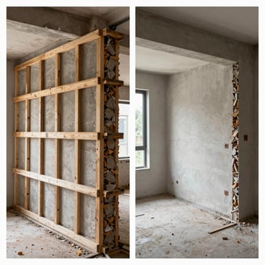 Split-screen before-and-after of a load-bearing wall removal, temporary shoring on left, finished open span on right.