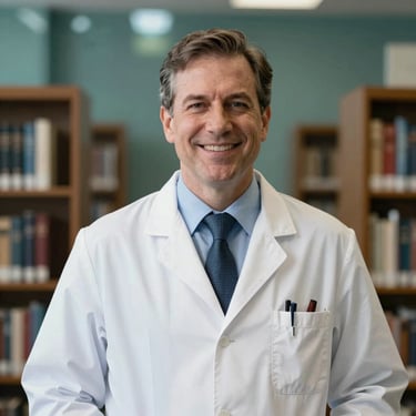 A portrait of a smiling medical professor in a North American / Canadian academic setting, with a library and forest teal accents in the background.