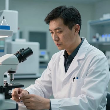 A professional medical researcher in a North American / Canadian clinical laboratory, wearing a modern white coat. The background features high-tech equipment with soft forest teal lighting.