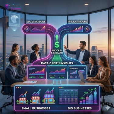 Digital marketing team reviewing SEO strategies, PPC campaigns, and data-driven insights on a holographic display.