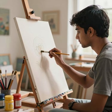 An Indian student painting on a canvas easel in a bright, sunlit art studio, paintbrushes and colorful jars nearby.