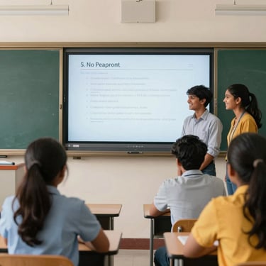Bright classroom interior with interactive smartboard, young Indian students smiling and looking at the screen, daylight.