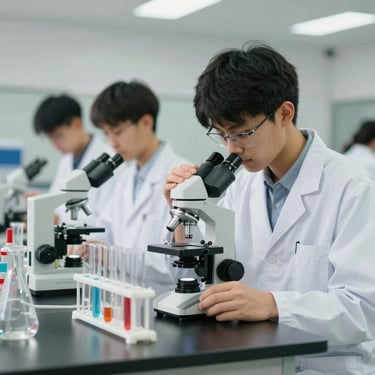 Students conducting safe chemistry experiments in a clean, modern school laboratory with test tubes and microscopes.