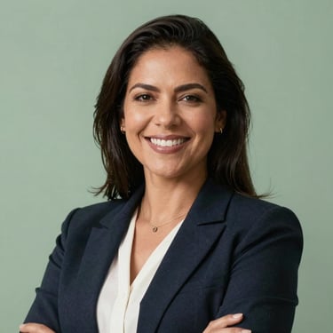 A portrait of a confident South American / Brazilian female executive in business casual attire, smiling warmly, professional studio lighting with a soft green background.