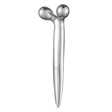 Silver 3D facial roller massager for skin lifting and anti-aging face care, isolated on black background.