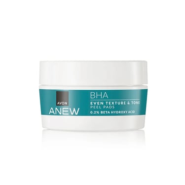 Avon Anew BHA Even Texture and Tone peel pads with 0.2 percent beta hydroxy acid in a white jar.