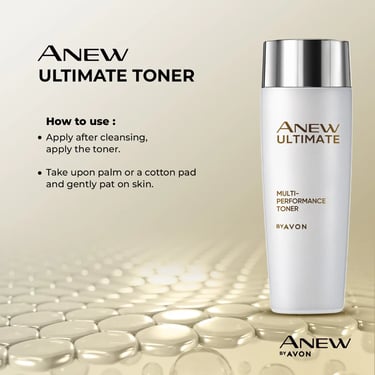 Avon Anew Ultimate Multi-Performance facial toner bottle with usage instructions for skincare routine.