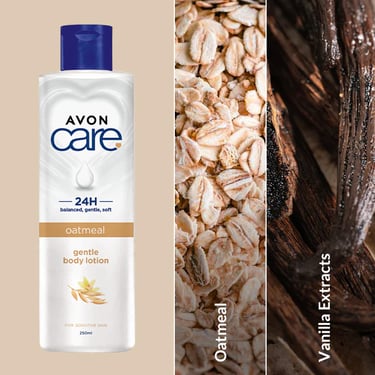 Avon Care oatmeal gentle body lotion bottle for sensitive skin with vanilla extracts.