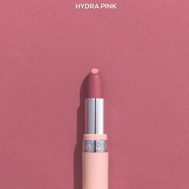 Avon Hydra Pink lipstick tube showing matte mauve color with a hydrating core against a pink background.