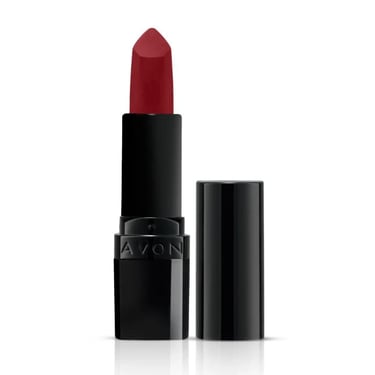 Avon matte red lipstick in a sleek black tube with its cap removed, shown against a white background.