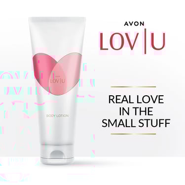 Avon Lov U moisturizing body lotion tube featuring a pink heart design and luxury skincare branding.