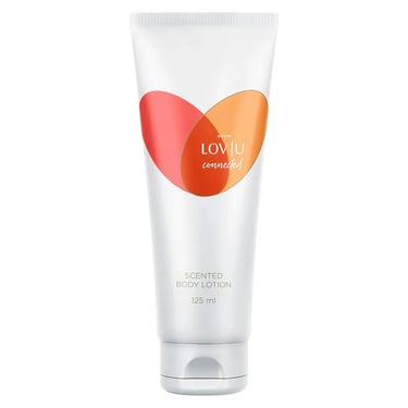 Avon Lov|U Connected scented body lotion tube with a heart design on a white background.