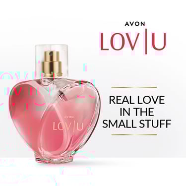 Avon Lov U pink heart-shaped perfume bottle featuring floral fruity fragrance notes on a white background.