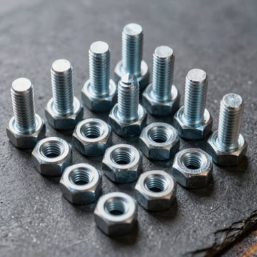 Macro shot of high-tensile steel bolts and nuts arranged neatly on a dark metal surface, cool lighting
