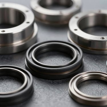 Close-up of black rubber O-rings and industrial mechanical seals, sharp focus, clean industrial setting