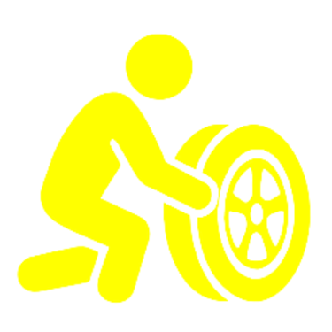 a person pushing a tyre to a car for repair