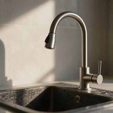 Close-up of a heavy-gauge kitchen spout over a dark stone sink, dramatic side-lighting.