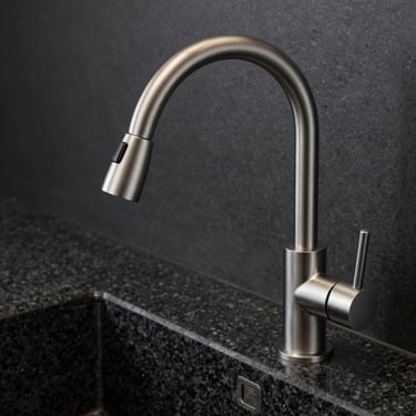 Minimalist kitchen faucet with a high-arch spout over a dark granite sink, sharp focus on the brushed metal finish.