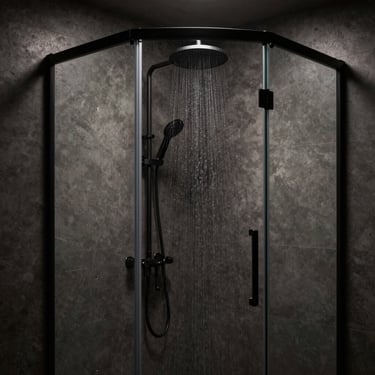 Low-key lit wide angle of a brutalist shower enclosure with a matte black rain shower.