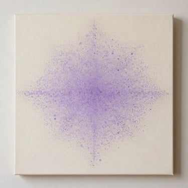 Full flatlay of a square pointillist painting, soft lavender and pale grey dots forming a slow horizontal drift from dense center to sparse edge, diffuse studio light, warm ivory canvas visible beneath lighter passages