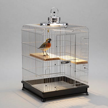 A small orange and grey bird sits on a wooden perch inside a silver wire bird cage with a warm overhead light.