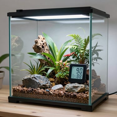 A glass terrarium with tropical plants, driftwood, and a digital hygrometer for monitoring humidity.