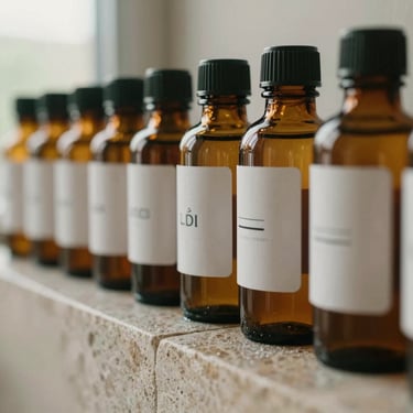 Macro close-up of amber glass bottles with custom minimalist labels on a wet stone ledge, soft diffused morning light