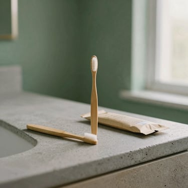 Zero-waste solid bamboo toothbrushes and paper-packaged amenities on a concrete counter