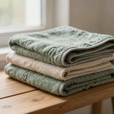 Macro details of organic linen towels folded neatly on a light wooden bench, soft morning light, architectural 35mm