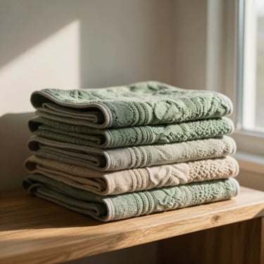 Tactile organic linen towels neatly folded on a raw timber shelf, warm morning sun