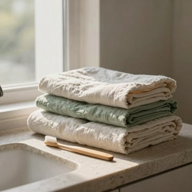 Beautifully packaged organic cotton linens and bamboo toothbrushes on a stone vanity, soft morning light, architectural 35mm
