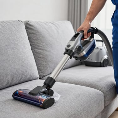 Professional technician cleaning a modern gray sofa with a powerful vacuum extraction machine