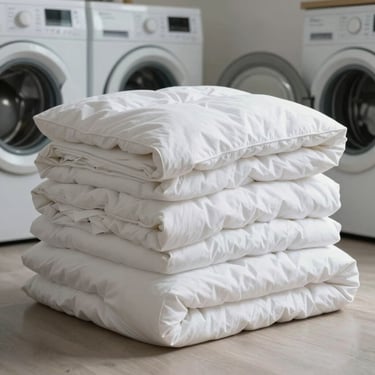 Stacked folded clean fluffy white duvets and blankets in a bright organized laundry room