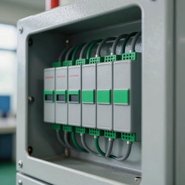 Macro detail shot of a clean industrial PLC control panel with organized safety-green and gray wiring, industrial steel enclosure, natural ambient daylight, 35mm