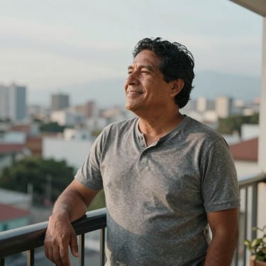 Portrait of a relaxed and happy South American father on a balcony with a city view, expressing peace of mind and satisfaction, lifestyle photography.