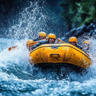 White-water rafting adventure in Jarabacoa, Dominican Republic, with group paddling through rapids in a yellow raft