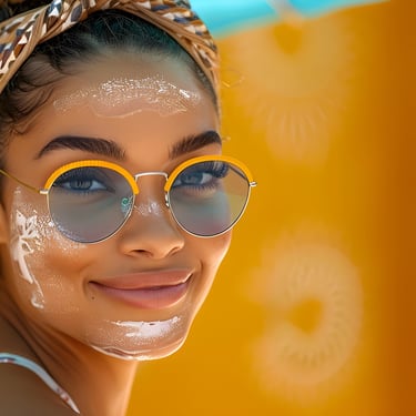 Smiling woman wearing sunglasses and sunscreen under the sun in the Dominican Republic