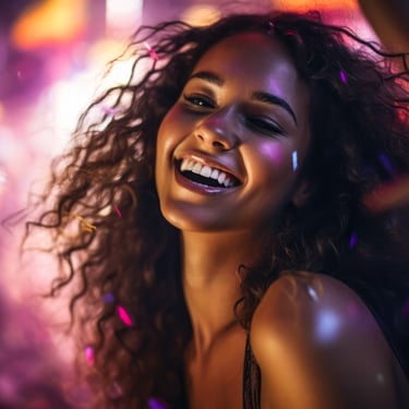 Smiling woman enjoying vibrant nightlife with colorful lights and music in the Dominican Republic
