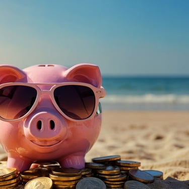 Pink piggy bank on beach with sunglasses and coins saving money for Dominican Republic travel