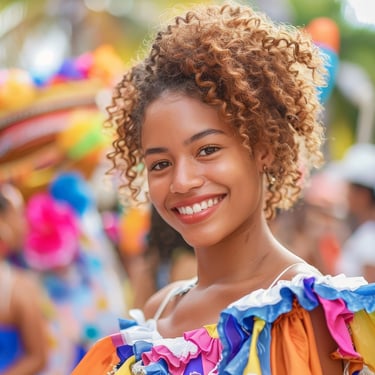 Smiling woman in colorful dress during carnival in the Dominican Republic