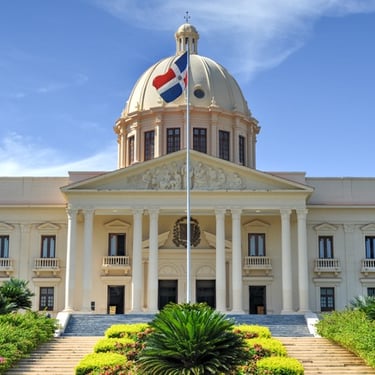 National Palace of the Dominican Republic with flag and blue sky in Santo Domingo