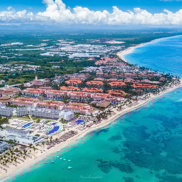 Aerial view of Bávaro beach resorts and turquoise sea in Punta Cana, Dominican Republic