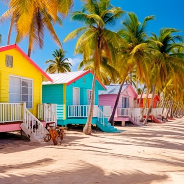 Colorful beach huts and palm trees on Catalina Island, a tropical destination in the Dominican Republic