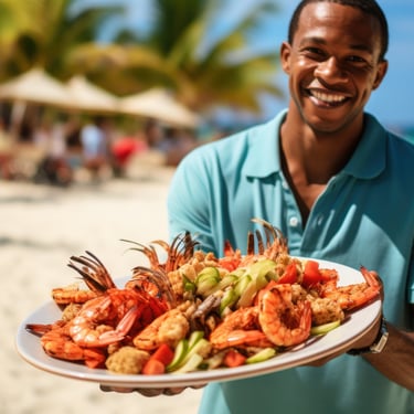 Seafood platter served on the beach in the Dominican Republic