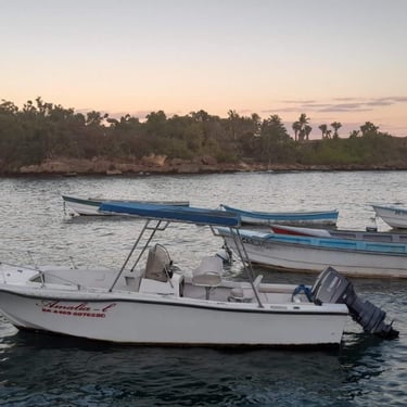 Fishing boats anchored near the shore at sunset in Boca de Yuma, Dominican Republic
