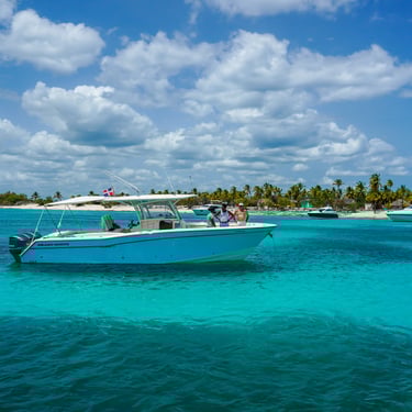 Tourist boat anchored off Catalina Island with turquoise Caribbean waters and palm-lined beach.