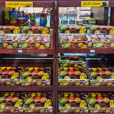 Del Oro organic Dominican chocolate bars on display, made with local cacao and fine ingredients